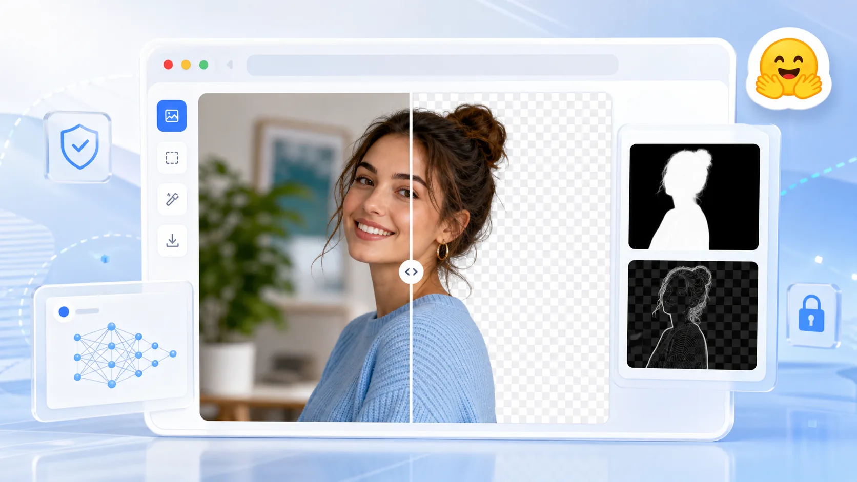 Browser photo background remover interface with before and after cutout preview